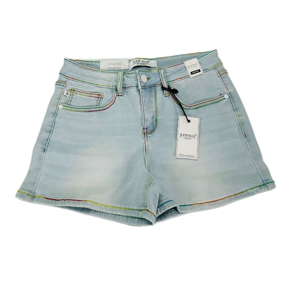 Judy Blue Jean Shorts Womens Size S, M, L Mid Rise Light Wash Rainbow Stitching